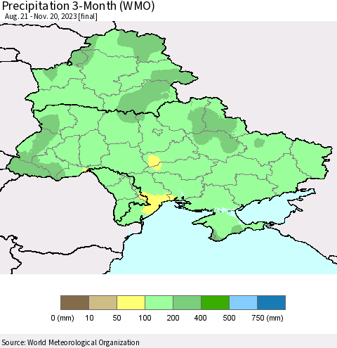 Ukraine, Moldova and Belarus Precipitation 3-Month (WMO) Thematic Map For 8/21/2023 - 11/20/2023