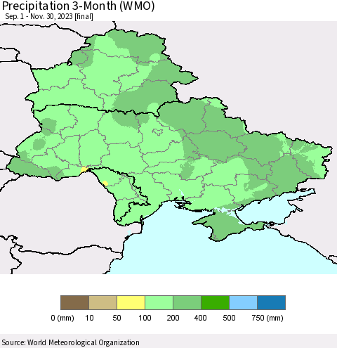 Ukraine, Moldova and Belarus Precipitation 3-Month (WMO) Thematic Map For 9/1/2023 - 11/30/2023