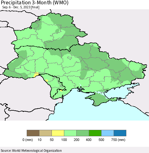 Ukraine, Moldova and Belarus Precipitation 3-Month (WMO) Thematic Map For 9/6/2023 - 12/5/2023