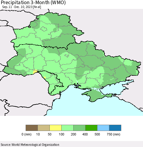 Ukraine, Moldova and Belarus Precipitation 3-Month (WMO) Thematic Map For 9/11/2023 - 12/10/2023