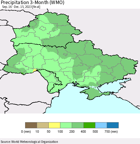 Ukraine, Moldova and Belarus Precipitation 3-Month (WMO) Thematic Map For 9/16/2023 - 12/15/2023