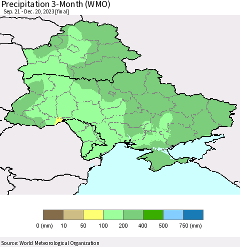 Ukraine, Moldova and Belarus Precipitation 3-Month (WMO) Thematic Map For 9/21/2023 - 12/20/2023