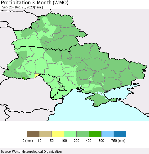 Ukraine, Moldova and Belarus Precipitation 3-Month (WMO) Thematic Map For 9/26/2023 - 12/25/2023