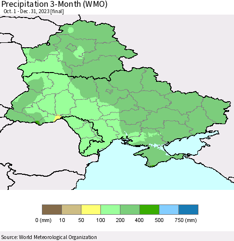 Ukraine, Moldova and Belarus Precipitation 3-Month (WMO) Thematic Map For 10/1/2023 - 12/31/2023