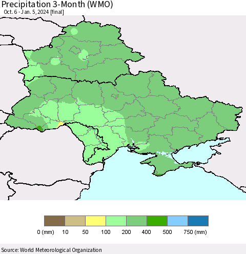 Ukraine, Moldova and Belarus Precipitation 3-Month (WMO) Thematic Map For 10/6/2023 - 1/5/2024