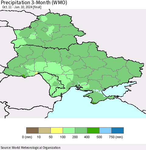 Ukraine, Moldova and Belarus Precipitation 3-Month (WMO) Thematic Map For 10/11/2023 - 1/10/2024