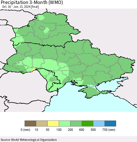 Ukraine, Moldova and Belarus Precipitation 3-Month (WMO) Thematic Map For 10/16/2023 - 1/15/2024