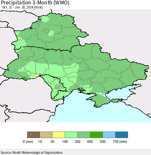 Ukraine, Moldova and Belarus Precipitation 3-Month (WMO) Thematic Map For 10/21/2023 - 1/20/2024