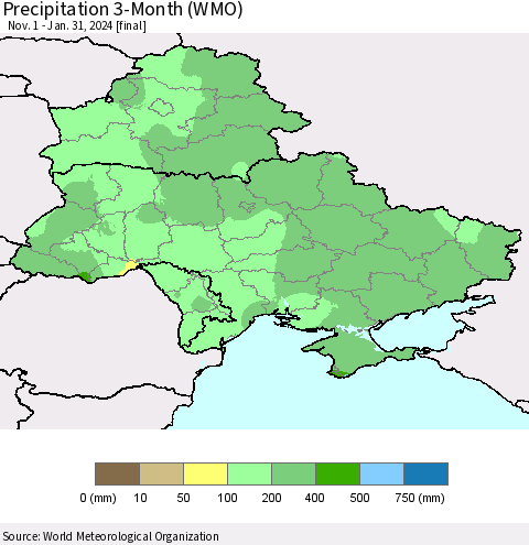 Ukraine, Moldova and Belarus Precipitation 3-Month (WMO) Thematic Map For 11/1/2023 - 1/31/2024