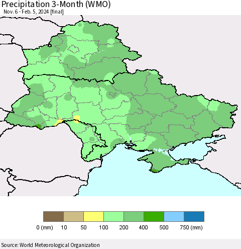 Ukraine, Moldova and Belarus Precipitation 3-Month (WMO) Thematic Map For 11/6/2023 - 2/5/2024