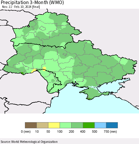 Ukraine, Moldova and Belarus Precipitation 3-Month (WMO) Thematic Map For 11/11/2023 - 2/10/2024