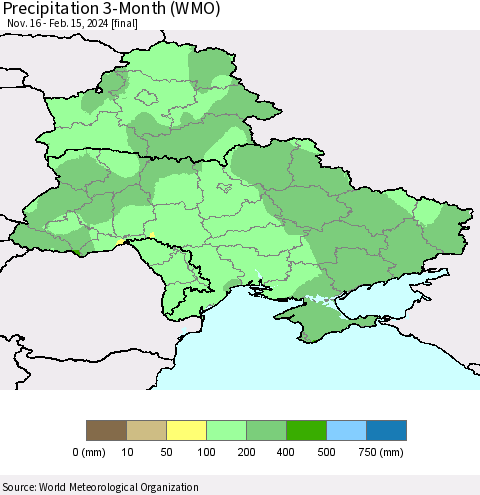 Ukraine, Moldova and Belarus Precipitation 3-Month (WMO) Thematic Map For 11/16/2023 - 2/15/2024