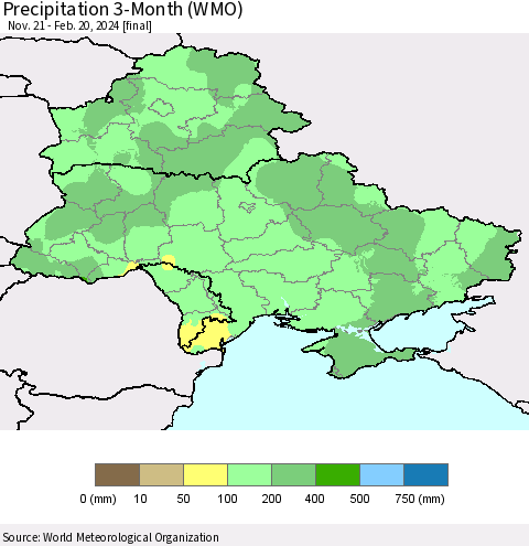 Ukraine, Moldova and Belarus Precipitation 3-Month (WMO) Thematic Map For 11/21/2023 - 2/20/2024