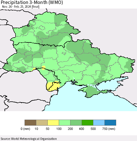 Ukraine, Moldova and Belarus Precipitation 3-Month (WMO) Thematic Map For 11/26/2023 - 2/25/2024