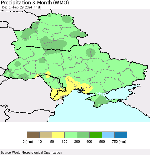 Ukraine, Moldova and Belarus Precipitation 3-Month (WMO) Thematic Map For 12/1/2023 - 2/29/2024