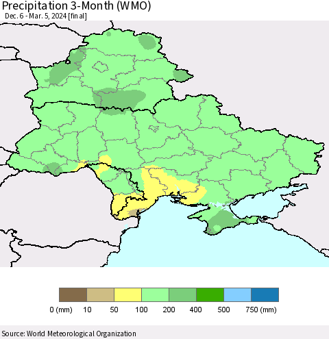 Ukraine, Moldova and Belarus Precipitation 3-Month (WMO) Thematic Map For 12/6/2023 - 3/5/2024