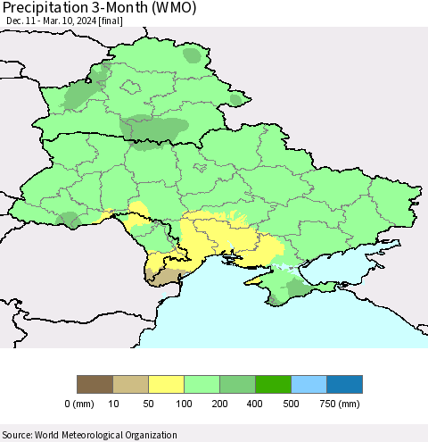 Ukraine, Moldova and Belarus Precipitation 3-Month (WMO) Thematic Map For 12/11/2023 - 3/10/2024