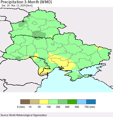 Ukraine, Moldova and Belarus Precipitation 3-Month (WMO) Thematic Map For 12/16/2023 - 3/15/2024