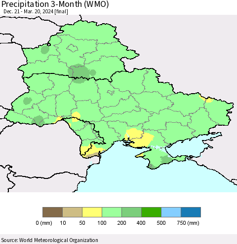 Ukraine, Moldova and Belarus Precipitation 3-Month (WMO) Thematic Map For 12/21/2023 - 3/20/2024