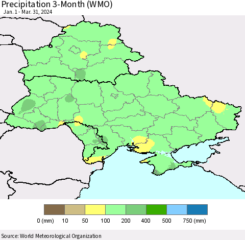 Ukraine, Moldova and Belarus Precipitation 3-Month (WMO) Thematic Map For 1/1/2024 - 3/31/2024