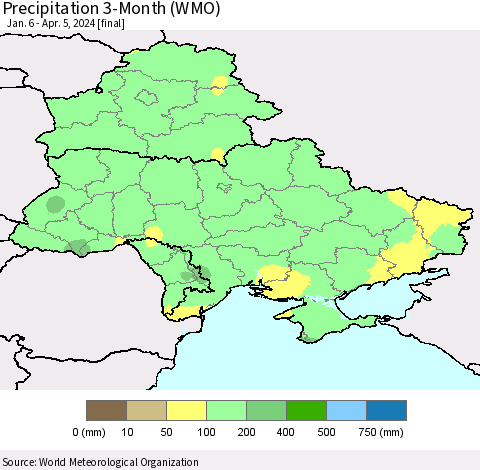 Ukraine, Moldova and Belarus Precipitation 3-Month (WMO) Thematic Map For 1/6/2024 - 4/5/2024