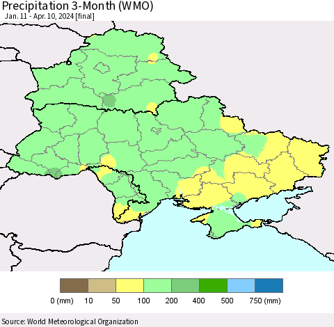 Ukraine, Moldova and Belarus Precipitation 3-Month (WMO) Thematic Map For 1/11/2024 - 4/10/2024