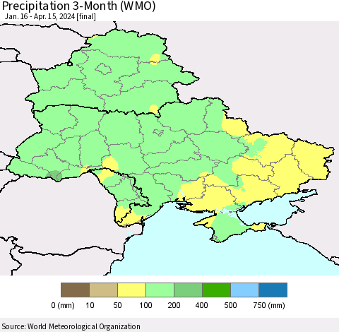 Ukraine, Moldova and Belarus Precipitation 3-Month (WMO) Thematic Map For 1/16/2024 - 4/15/2024