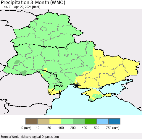 Ukraine, Moldova and Belarus Precipitation 3-Month (WMO) Thematic Map For 1/21/2024 - 4/20/2024