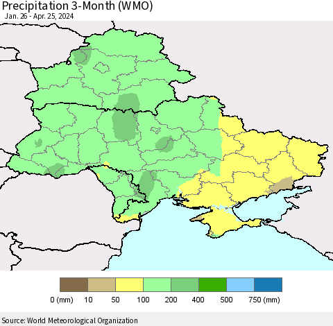 Ukraine, Moldova and Belarus Precipitation 3-Month (WMO) Thematic Map For 1/26/2024 - 4/25/2024