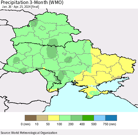 Ukraine, Moldova and Belarus Precipitation 3-Month (WMO) Thematic Map For 1/26/2024 - 4/25/2024