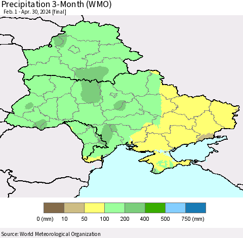 Ukraine, Moldova and Belarus Precipitation 3-Month (WMO) Thematic Map For 2/1/2024 - 4/30/2024