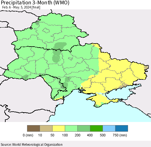 Ukraine, Moldova and Belarus Precipitation 3-Month (WMO) Thematic Map For 2/6/2024 - 5/5/2024