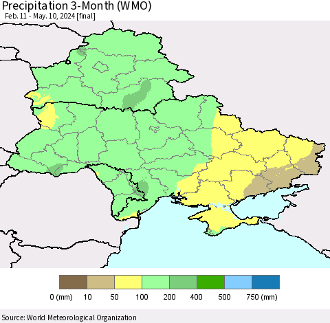 Ukraine, Moldova and Belarus Precipitation 3-Month (WMO) Thematic Map For 2/11/2024 - 5/10/2024
