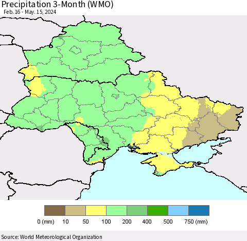 Ukraine, Moldova and Belarus Precipitation 3-Month (WMO) Thematic Map For 2/16/2024 - 5/15/2024