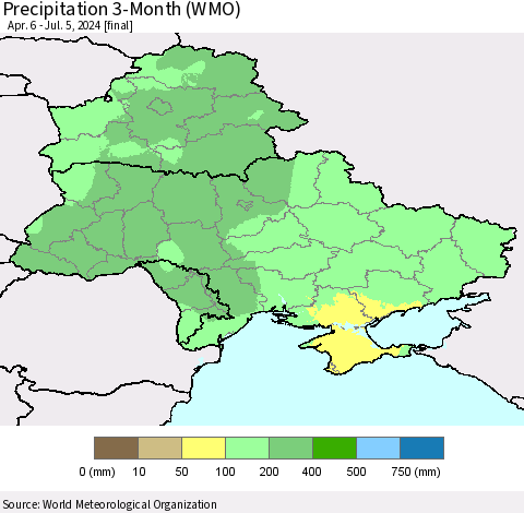Ukraine, Moldova and Belarus Precipitation 3-Month (WMO) Thematic Map For 4/6/2024 - 7/5/2024