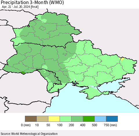 Ukraine, Moldova and Belarus Precipitation 3-Month (WMO) Thematic Map For 4/21/2024 - 7/20/2024