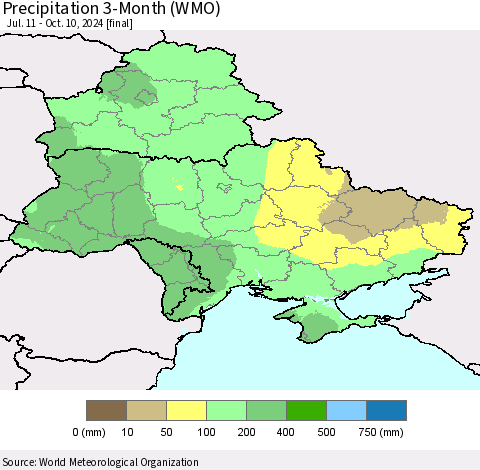 Ukraine, Moldova and Belarus Precipitation 3-Month (WMO) Thematic Map For 7/11/2024 - 10/10/2024