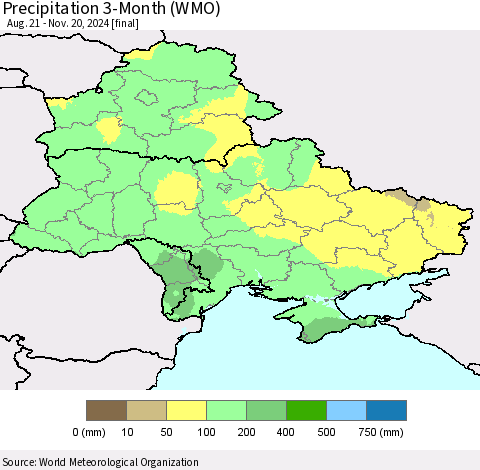 Ukraine, Moldova and Belarus Precipitation 3-Month (WMO) Thematic Map For 8/21/2024 - 11/20/2024