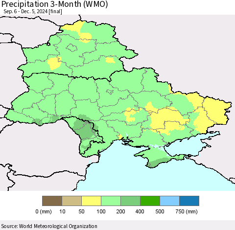 Ukraine, Moldova and Belarus Precipitation 3-Month (WMO) Thematic Map For 9/6/2024 - 12/5/2024