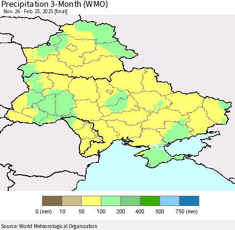 Ukraine, Moldova and Belarus Precipitation 3-Month (WMO) Thematic Map For 11/26/2024 - 2/25/2025