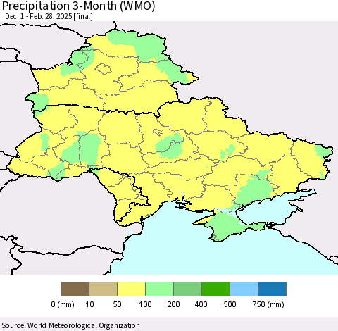 Ukraine, Moldova and Belarus Precipitation 3-Month (WMO) Thematic Map For 12/1/2024 - 2/28/2025