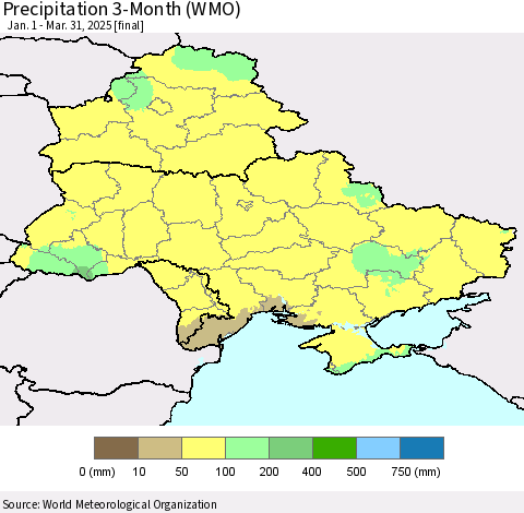 Ukraine, Moldova and Belarus Precipitation 3-Month (WMO) Thematic Map For 1/1/2025 - 3/31/2025