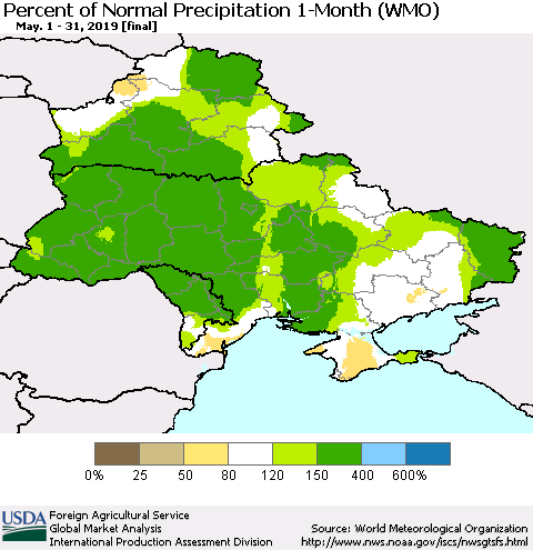 Ukraine, Moldova and Belarus Percent of Normal Precipitation 1-Month (WMO) Thematic Map For 5/1/2019 - 5/31/2019