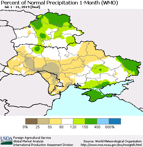 Ukraine, Moldova and Belarus Percent of Normal Precipitation 1-Month (WMO) Thematic Map For 7/1/2019 - 7/31/2019