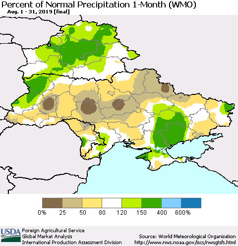 Ukraine, Moldova and Belarus Percent of Normal Precipitation 1-Month (WMO) Thematic Map For 8/1/2019 - 8/31/2019
