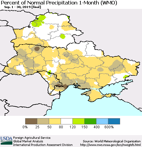 Ukraine, Moldova and Belarus Percent of Normal Precipitation 1-Month (WMO) Thematic Map For 9/1/2019 - 9/30/2019