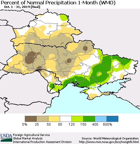 Ukraine, Moldova and Belarus Percent of Normal Precipitation 1-Month (WMO) Thematic Map For 10/1/2019 - 10/31/2019