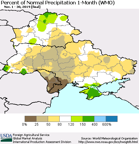 Ukraine, Moldova and Belarus Percent of Normal Precipitation 1-Month (WMO) Thematic Map For 11/1/2019 - 11/30/2019