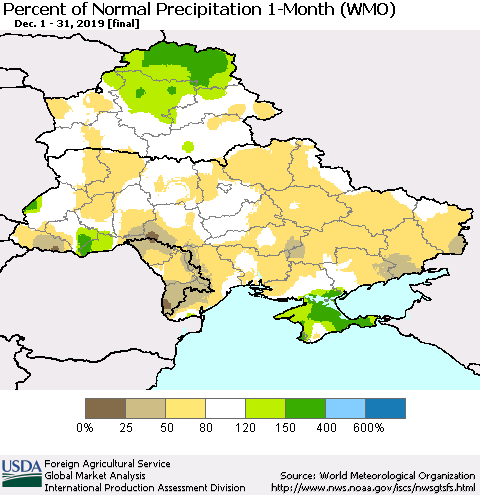 Ukraine, Moldova and Belarus Percent of Normal Precipitation 1-Month (WMO) Thematic Map For 12/1/2019 - 12/31/2019