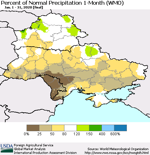 Ukraine, Moldova and Belarus Percent of Normal Precipitation 1-Month (WMO) Thematic Map For 1/1/2020 - 1/31/2020
